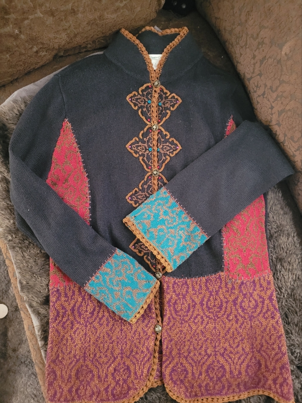Whimsigoth Eclectic Folk Witchy Cardigan Large Ramie Cotton Filigree Buttons - Picture 8 of 13